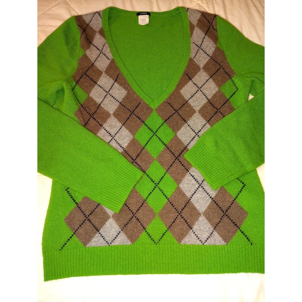 ​VTG J.Crew Holiday 2006 Argyle V-Neck Sweater Lime Green Merino Wool Blend M - Picture 11 of 12